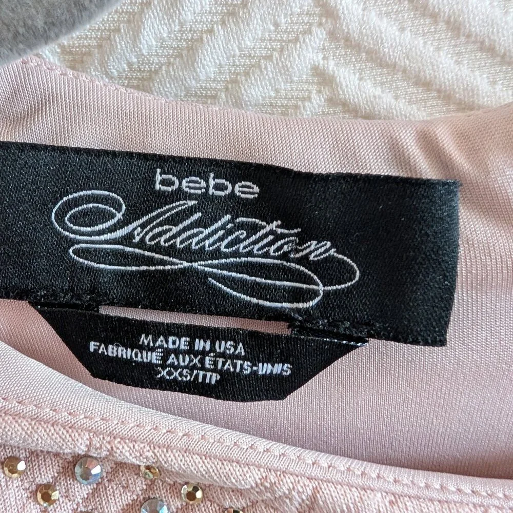 Bebe Addiction Dusty Rose Pink Bejeweled Bodycon Mini Dress Long Sleeve Size XXS - Picture 4 of 12